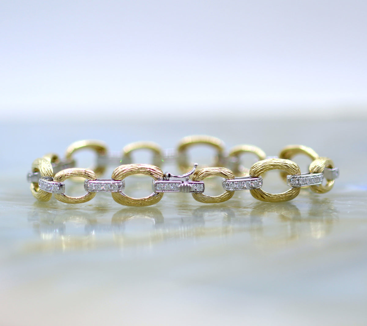 18K Two Tone Textured Chain Link Tennis Style Diamond Accented Bracelet