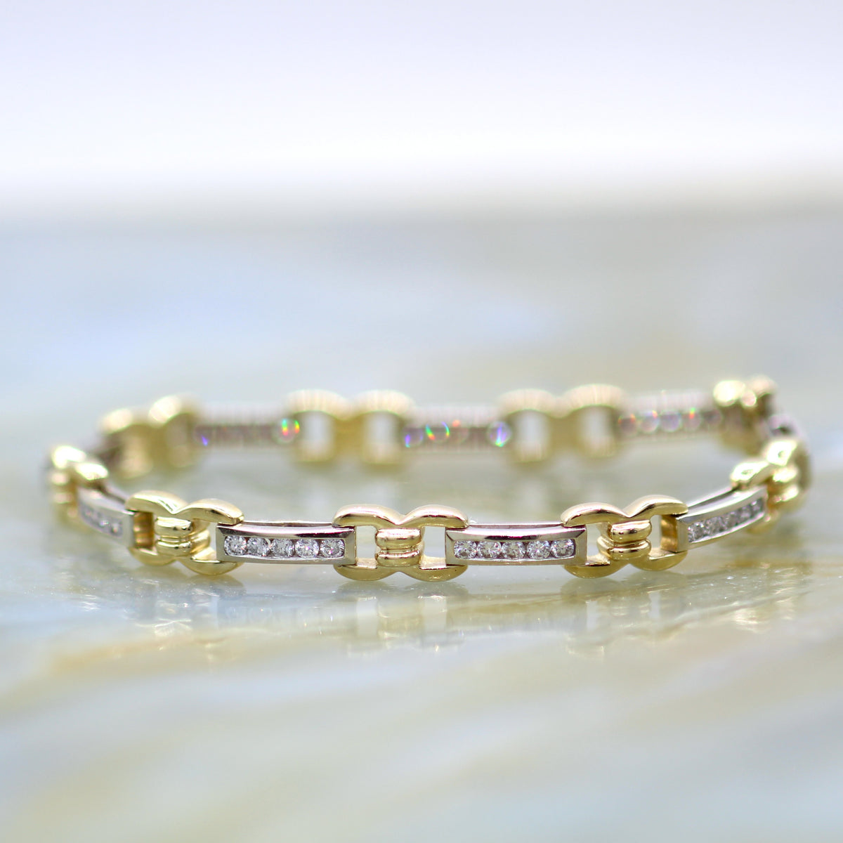 14K Two Tone Gold Retro Diamond Accented Fancy Link Tennis Bracelet