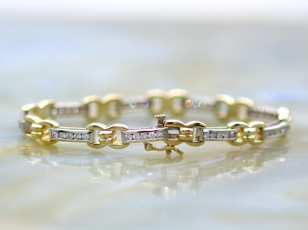 14K Two Tone Gold Retro Diamond Accented Fancy Link Tennis Bracelet