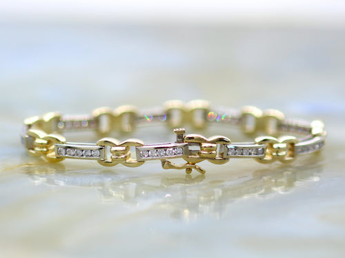 14K Two Tone Gold Retro Diamond Accented Fancy Link Tennis Bracelet