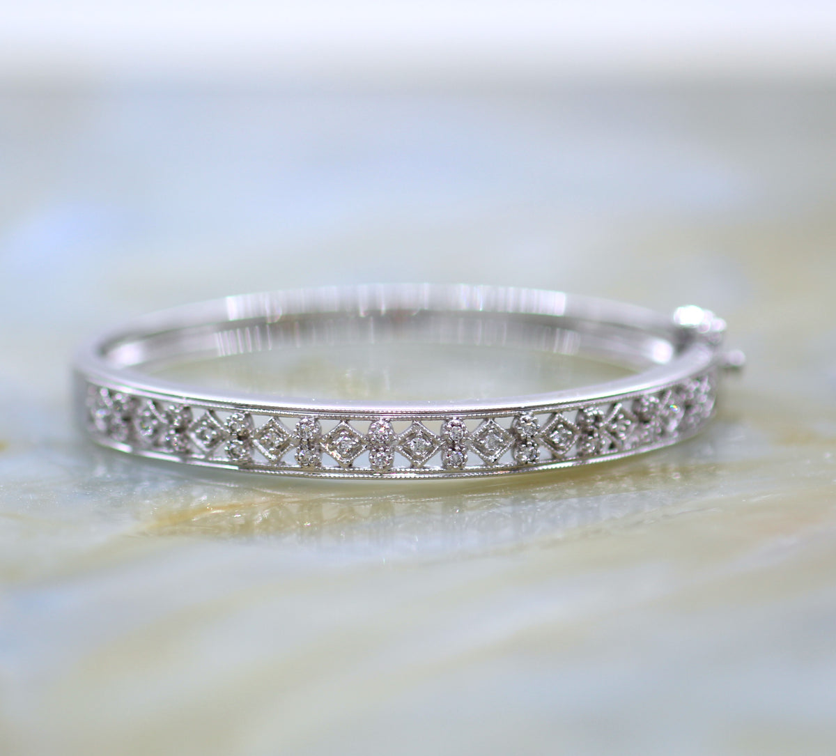 14K White Gold Antique Inspired Pierced Filagree Hinged Bangle Bracelet with Mil Grain Accents