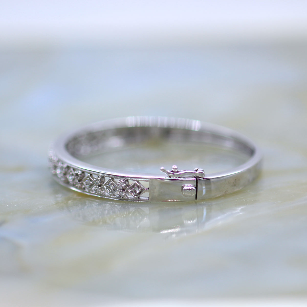 14K White Gold Antique Inspired Pierced Filagree Hinged Bangle Bracelet with Mil Grain Accents