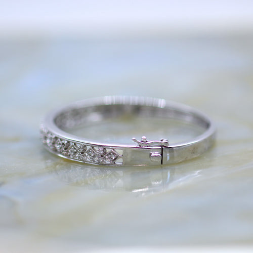14K White Gold Antique Inspired Pierced Filagree Hinged Bangle Bracelet with Mil Grain Accents
