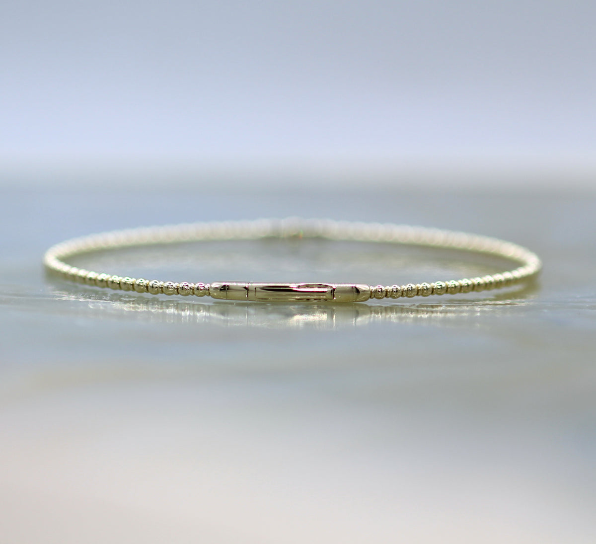 14K Yellow Gold Beaded Three Stone Diamond Flex Bangle Bracelet