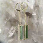 14K Yellow Gold Modern Green Tourmaline and Diamond Rectangular Halo Dangle Earrings