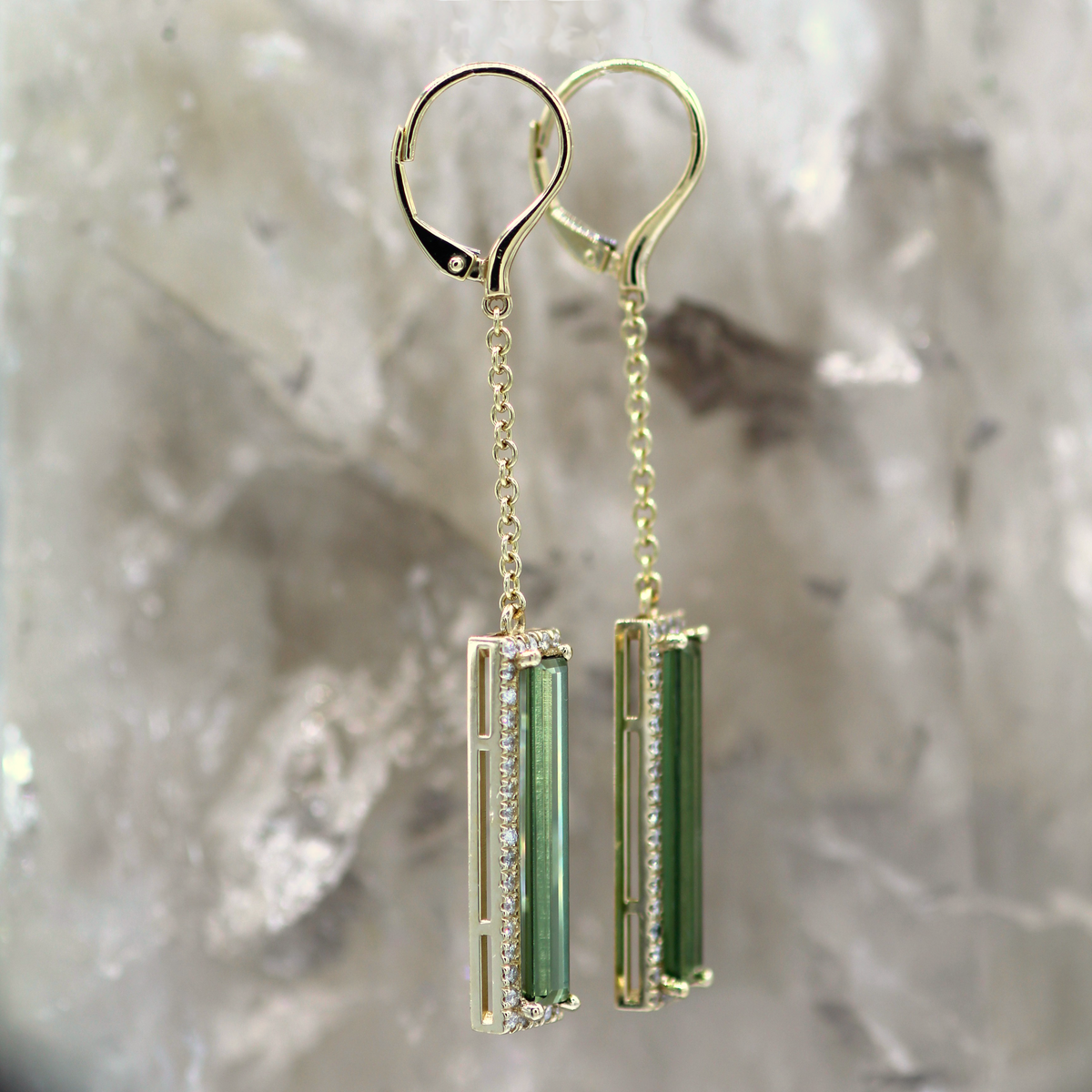 14K Yellow Gold Modern Green Tourmaline and Diamond Rectangular Halo Dangle Earrings