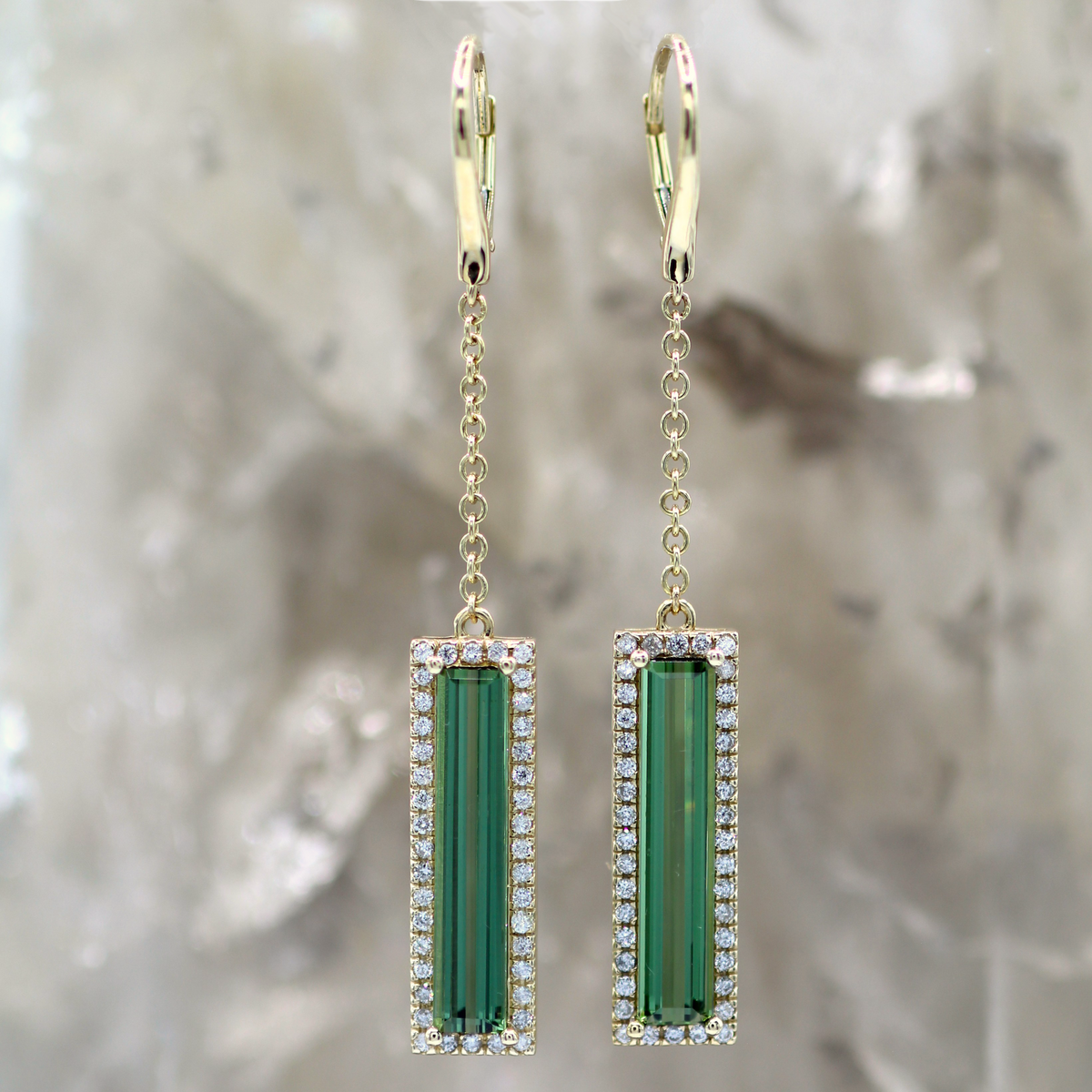 14K Yellow Gold Modern Green Tourmaline and Diamond Rectangular Halo Dangle Earrings