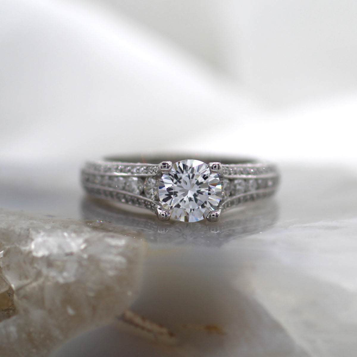 18K White Gold Vintage Inspired Scalloped Mil Grain Accented Beveled Edge Engagement Ring