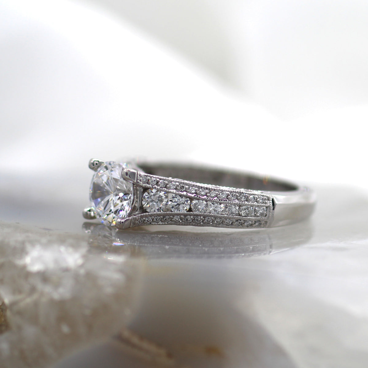 18K White Gold Vintage Inspired Scalloped Mil Grain Accented Beveled Edge Engagement Ring