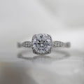 18K White Gold Cushion Halo Mil Grain Accented Vintage Inspired Engagement Ring