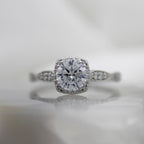 18K White Gold Cushion Halo Mil Grain Accented Vintage Inspired Engagement Ring