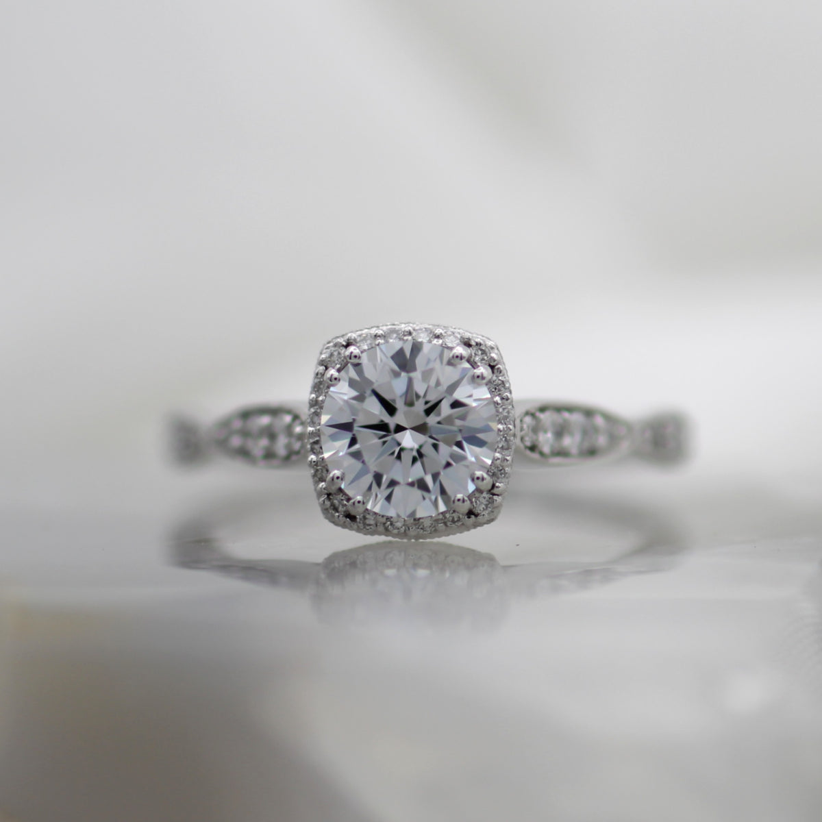 18K White Gold Cushion Halo Mil Grain Accented Vintage Inspired Engagement Ring