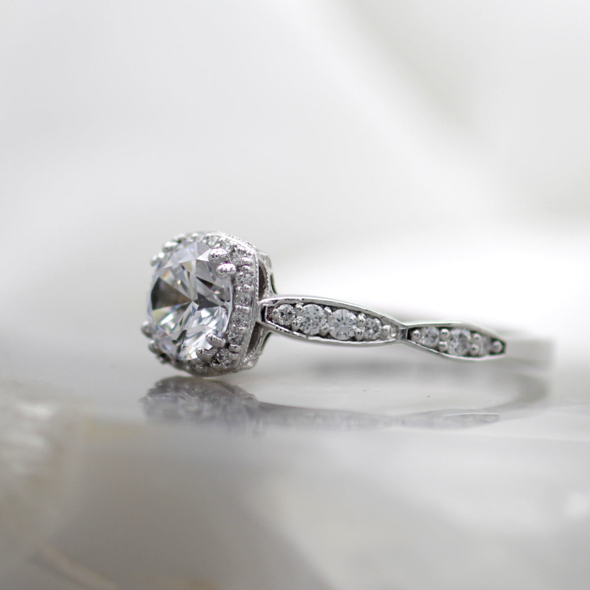 18K White Gold Cushion Halo Mil Grain Accented Vintage Inspired Engagement Ring