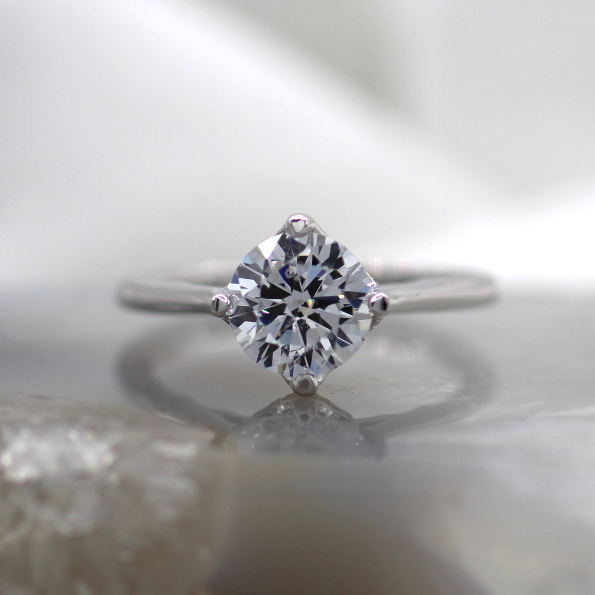 18K White Gold Diamond Accented Compass Prong Crown Engagement Ring