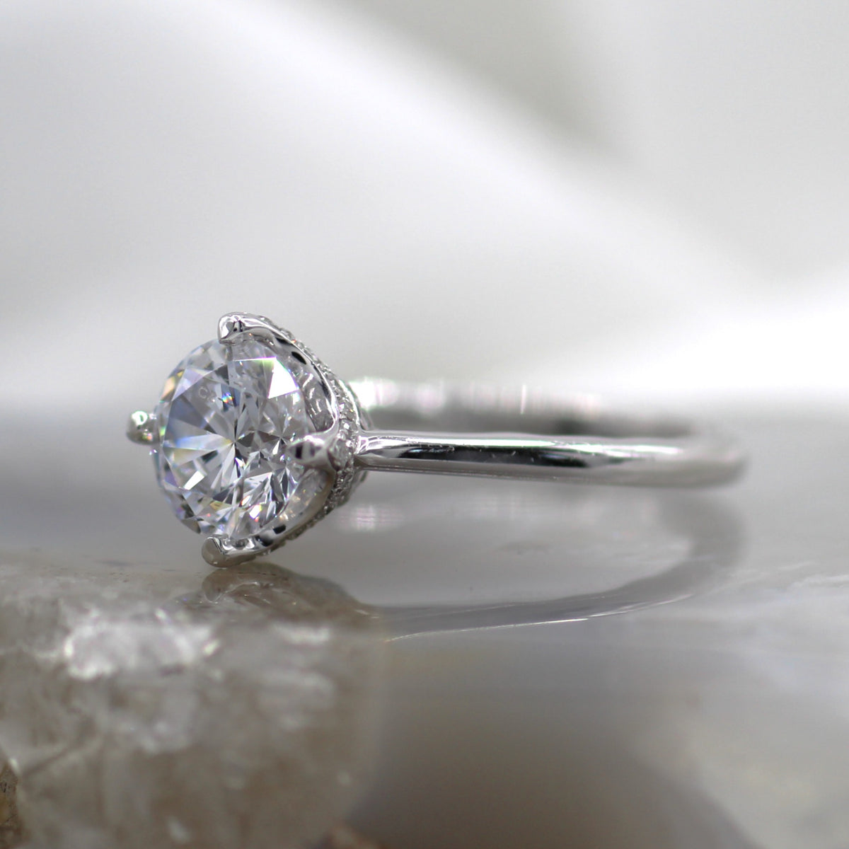 18K White Gold Diamond Accented Compass Prong Crown Engagement Ring
