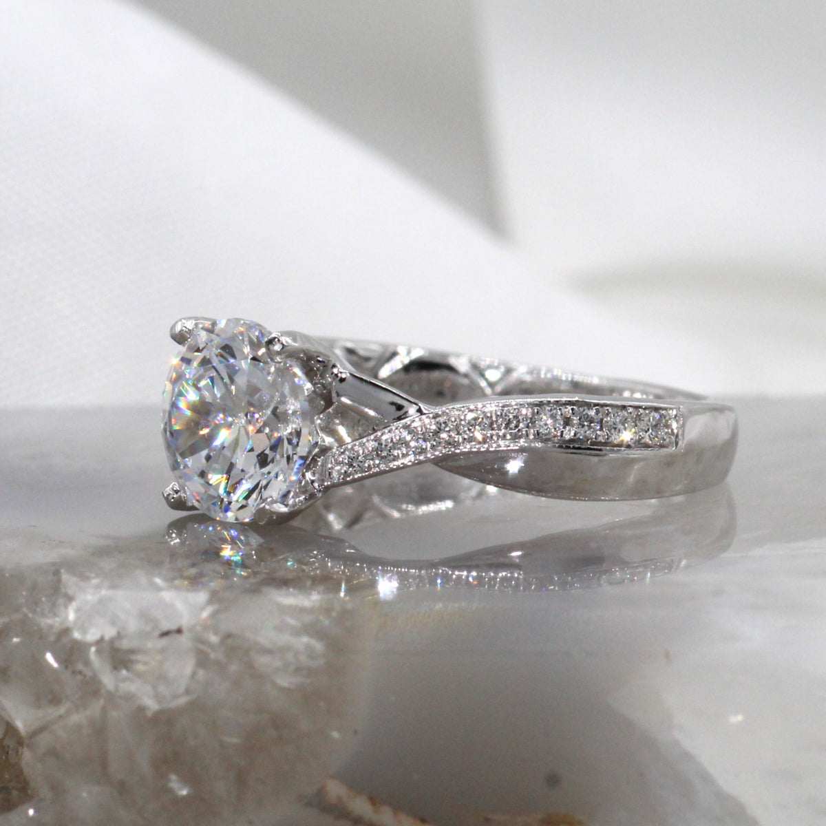 18K White Gold Diamond Pave Twist Engagement Ring