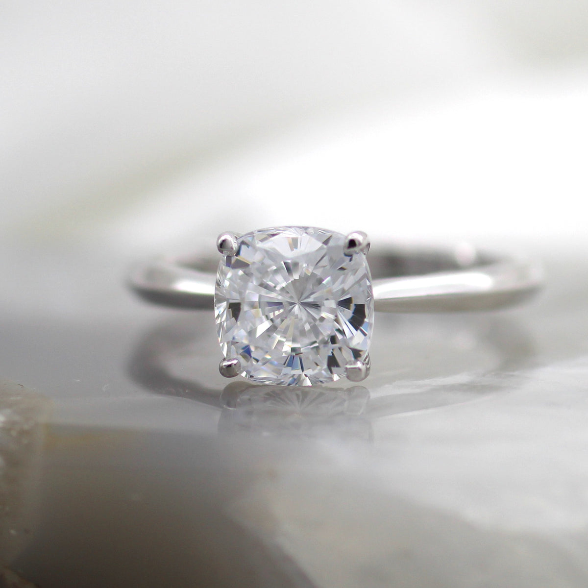18K White Gold Hidden Halo Square Cushion Knife Edge Solitaire Engagement Ring