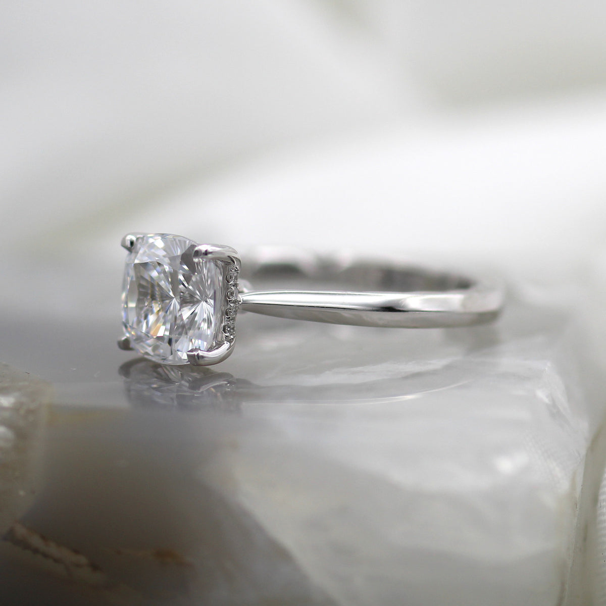 18K White Gold Hidden Halo Square Cushion Knife Edge Solitaire Engagement Ring