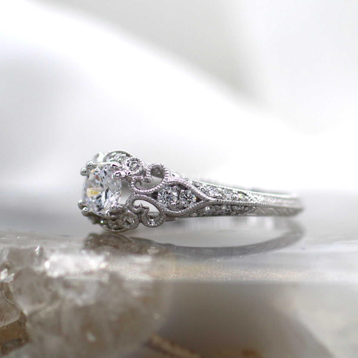 14K White Gold Vintage Inspired Mil Grain Accented Engagement Ring