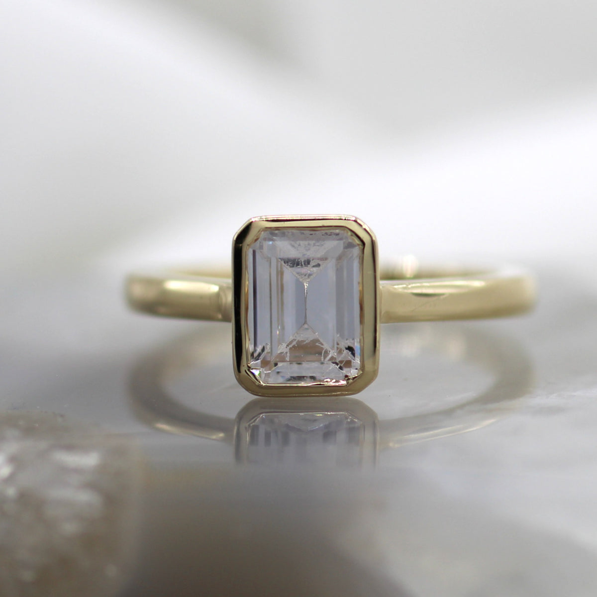 14K Yellow Gold Emerald Cut Bezel Solitaire Engagement Ring