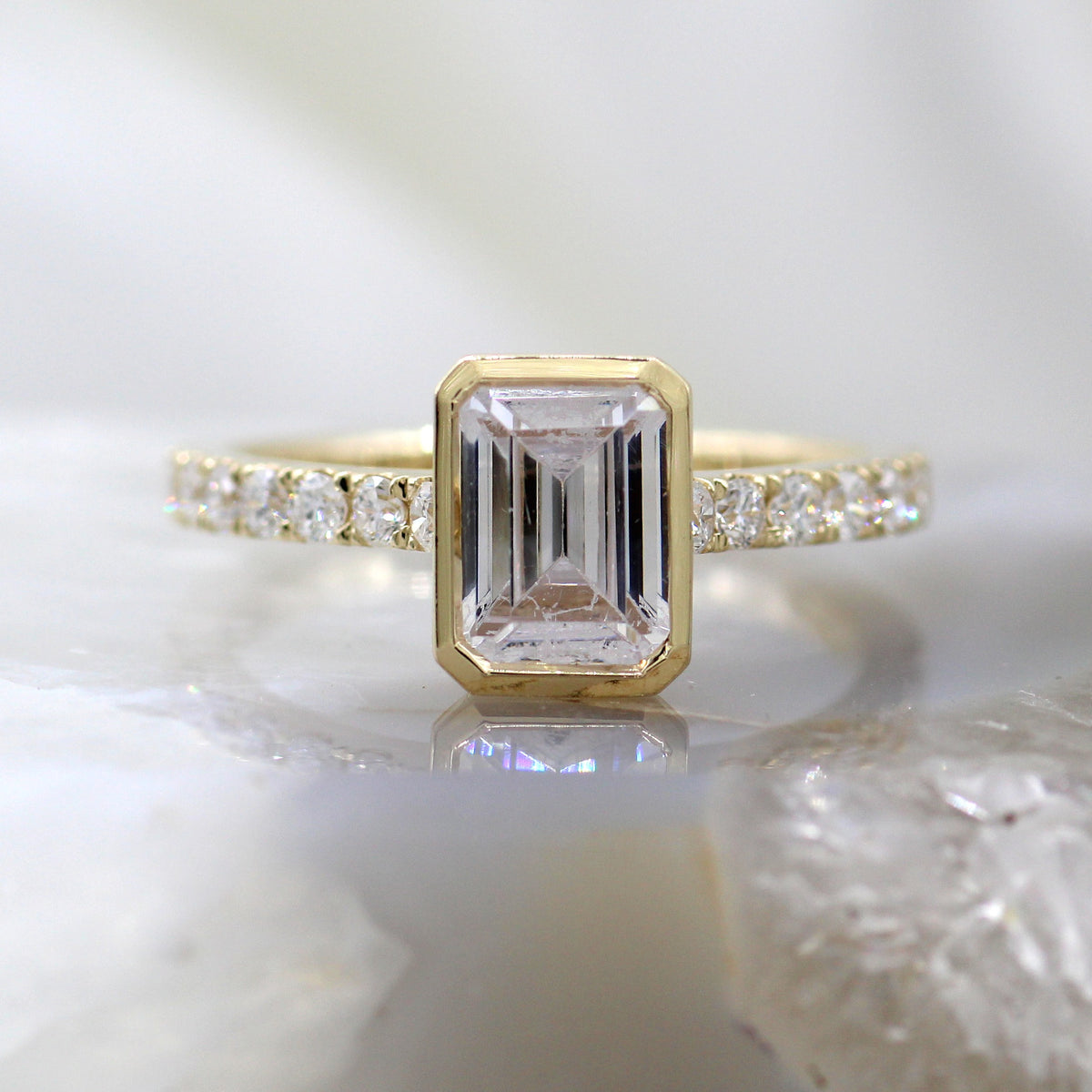 14K Yellow Gold Emerald Cut Bezel Set Diamond Accent Pave Engagement Ring