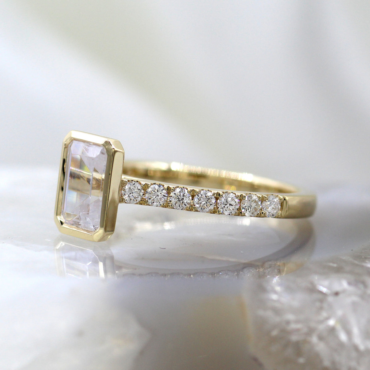 14K Yellow Gold Emerald Cut Bezel Set Diamond Accent Pave Engagement Ring