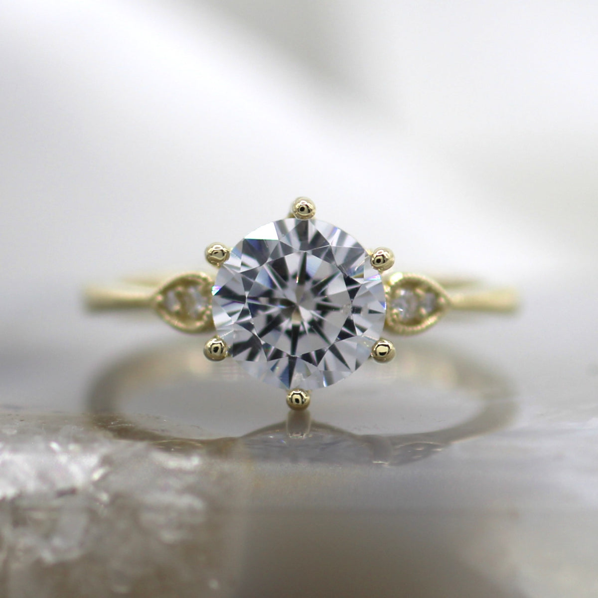 14K Yellow Gold Mil Grain and Diamond Accented Engagement Ring
