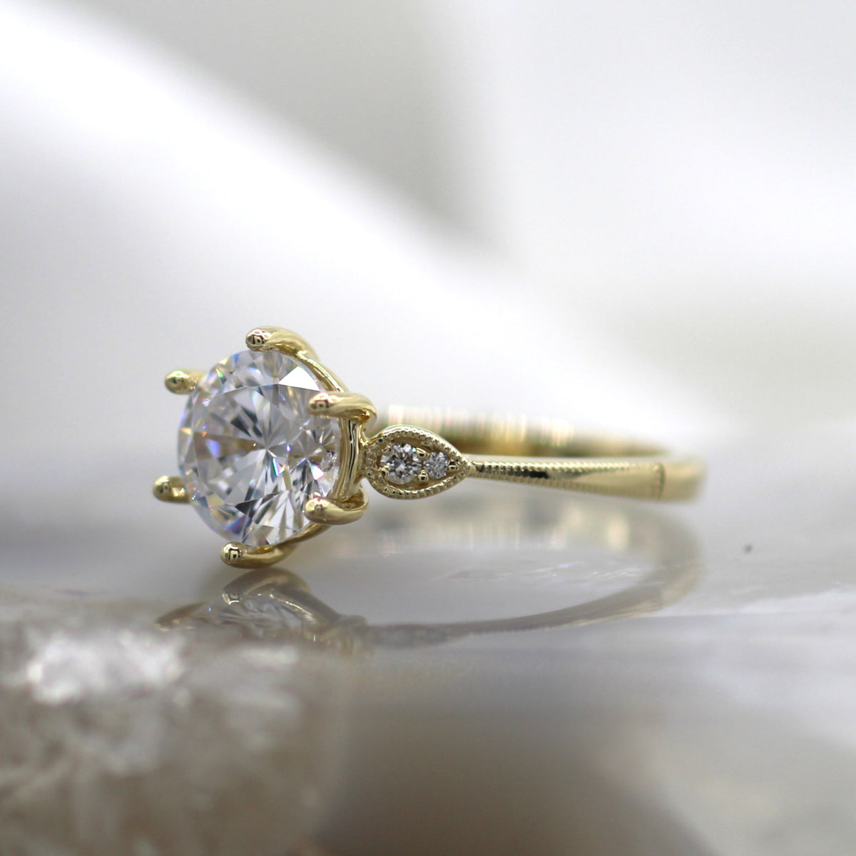 14K Yellow Gold Mil Grain and Diamond Accented Engagement Ring