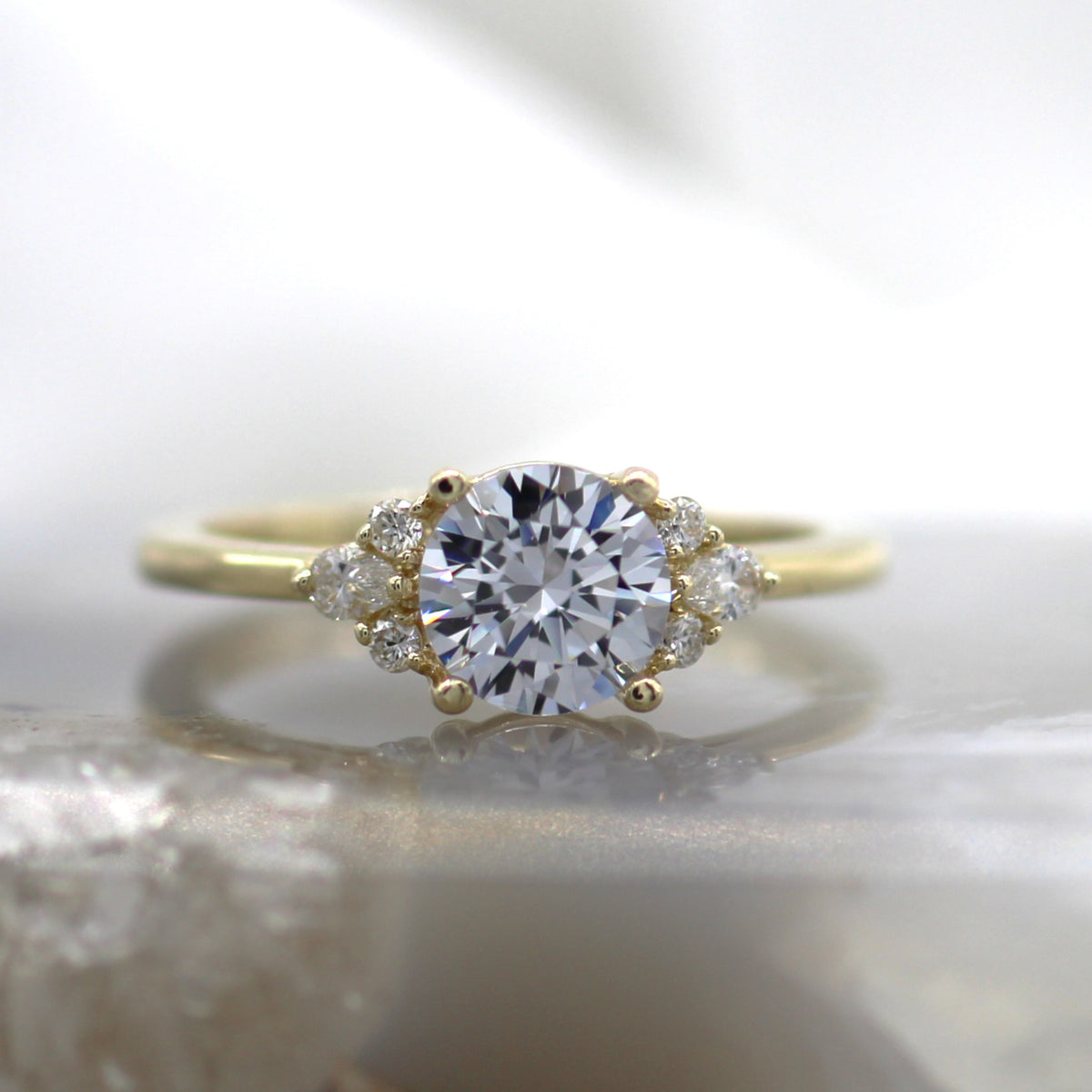 14K Yellow Gold Diamond Accented Side Cluster Engagement Ring