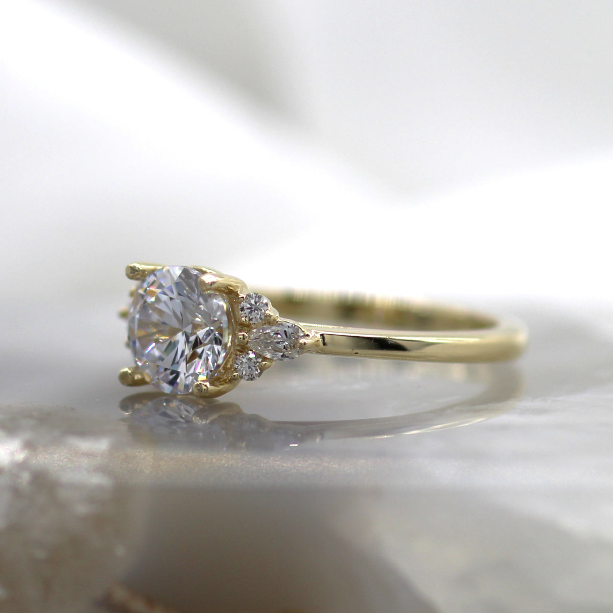 14K Yellow Gold Diamond Accented Side Cluster Engagement Ring