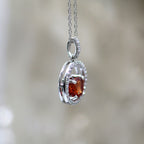 14K White Gold Floating Halo Orange Sapphire and Diamond Pendant