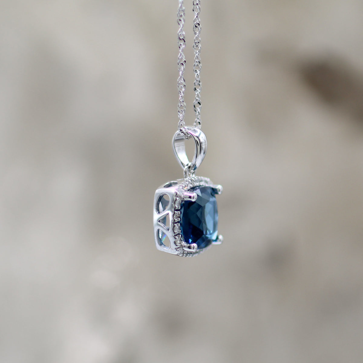 14K White Gold London Blue Topaz and Diamond Halo Style Pendant with Chain