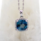 14K White Gold London Blue Topaz and Diamond Halo Style Pendant with Chain