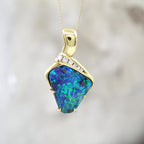 18K Yellow Gold Freeform Asymmetrical Boulder Opal and Diamond Pendant