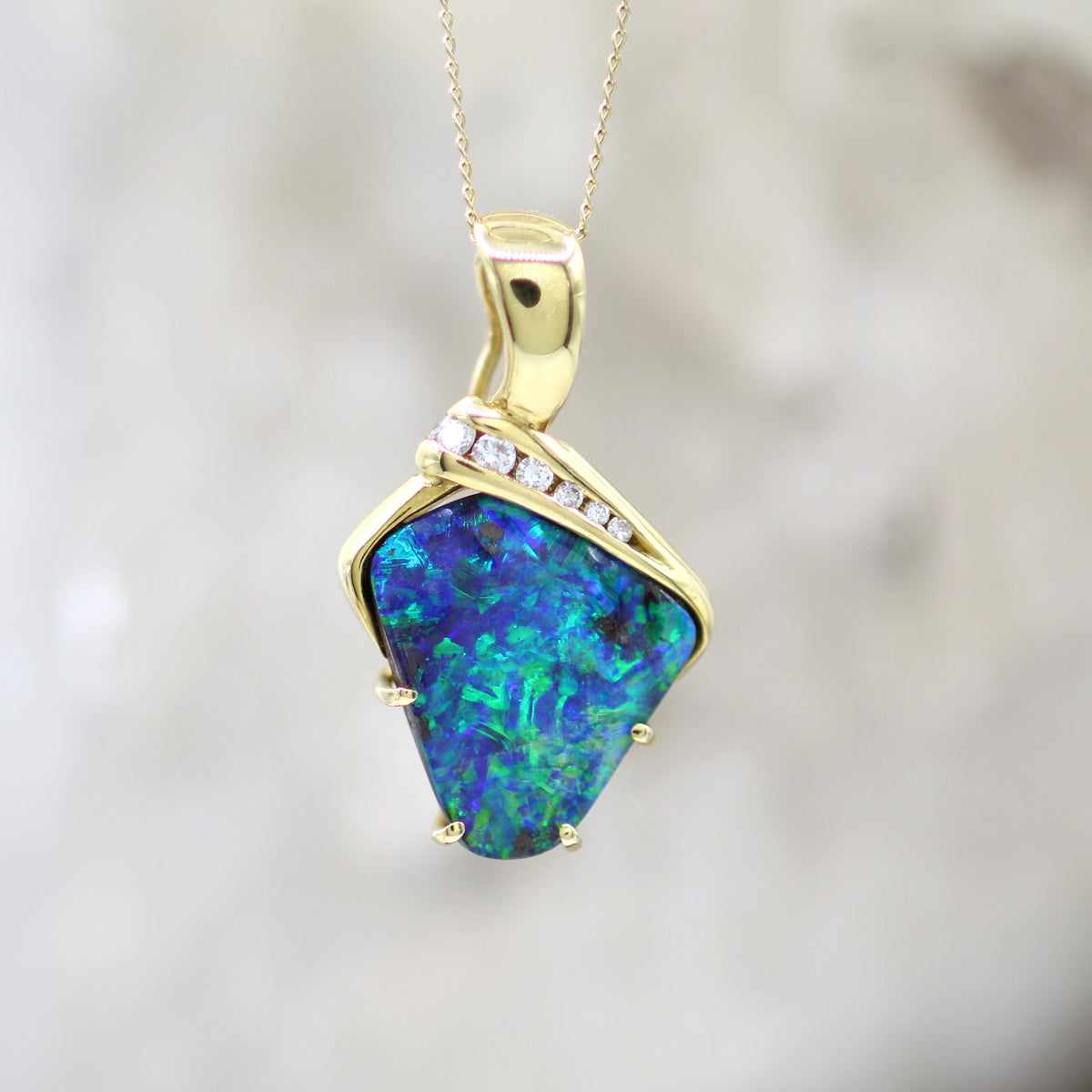 18K Yellow Gold Freeform Asymmetrical Boulder Opal and Diamond Pendant
