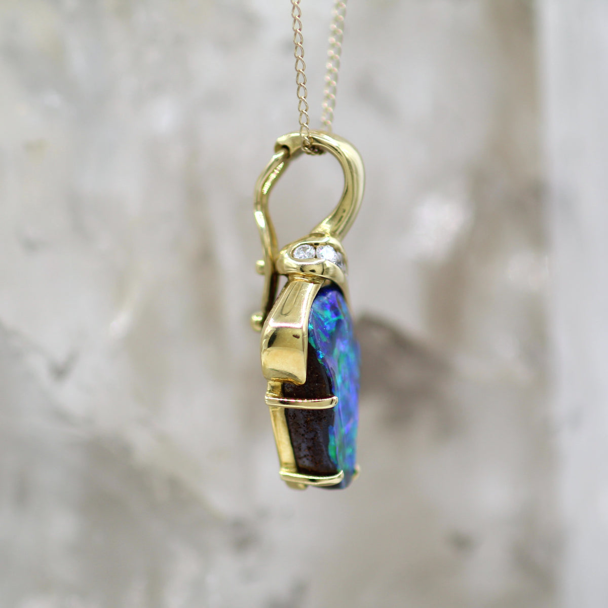 18K Yellow Gold Freeform Asymmetrical Boulder Opal and Diamond Pendant