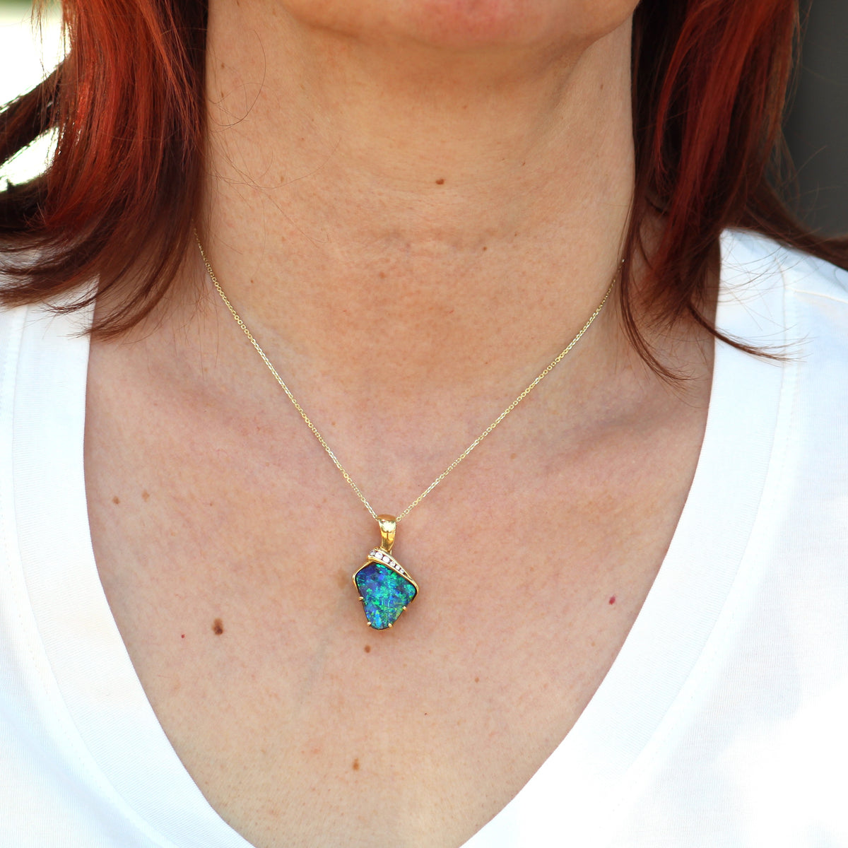 18K Yellow Gold Freeform Asymmetrical Boulder Opal and Diamond Pendant