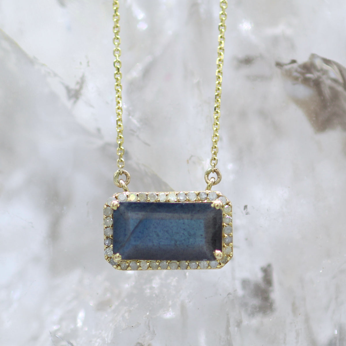 14K Yellow Gold Rustic Labradorite and Salt and Pepper Diamond Necklace