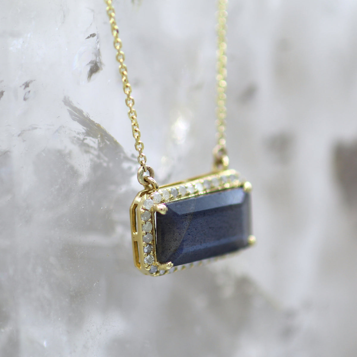 14K Yellow Gold Rustic Labradorite and Salt and Pepper Diamond Necklace