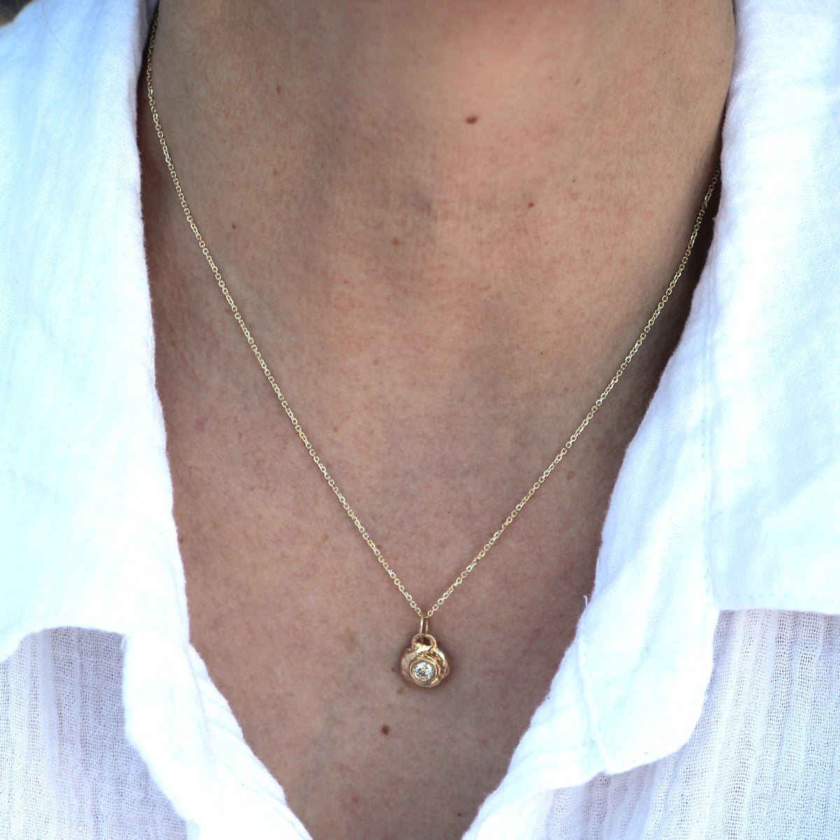14K Yellow Gold Rough Hammer Texture Bezel Set Diamond Pendant