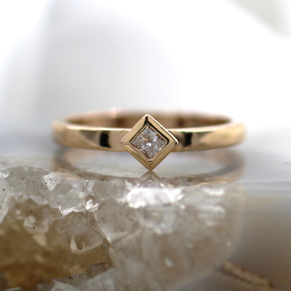 14K Rose Gold Bezel Set On-Point Princess Cut Diamond Solitaire Engagement Ring