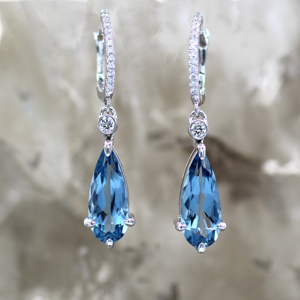 14K White Gold Santa Maria Aquamarine and Diamond Pear Shape Drop Style Lever Back Earrings