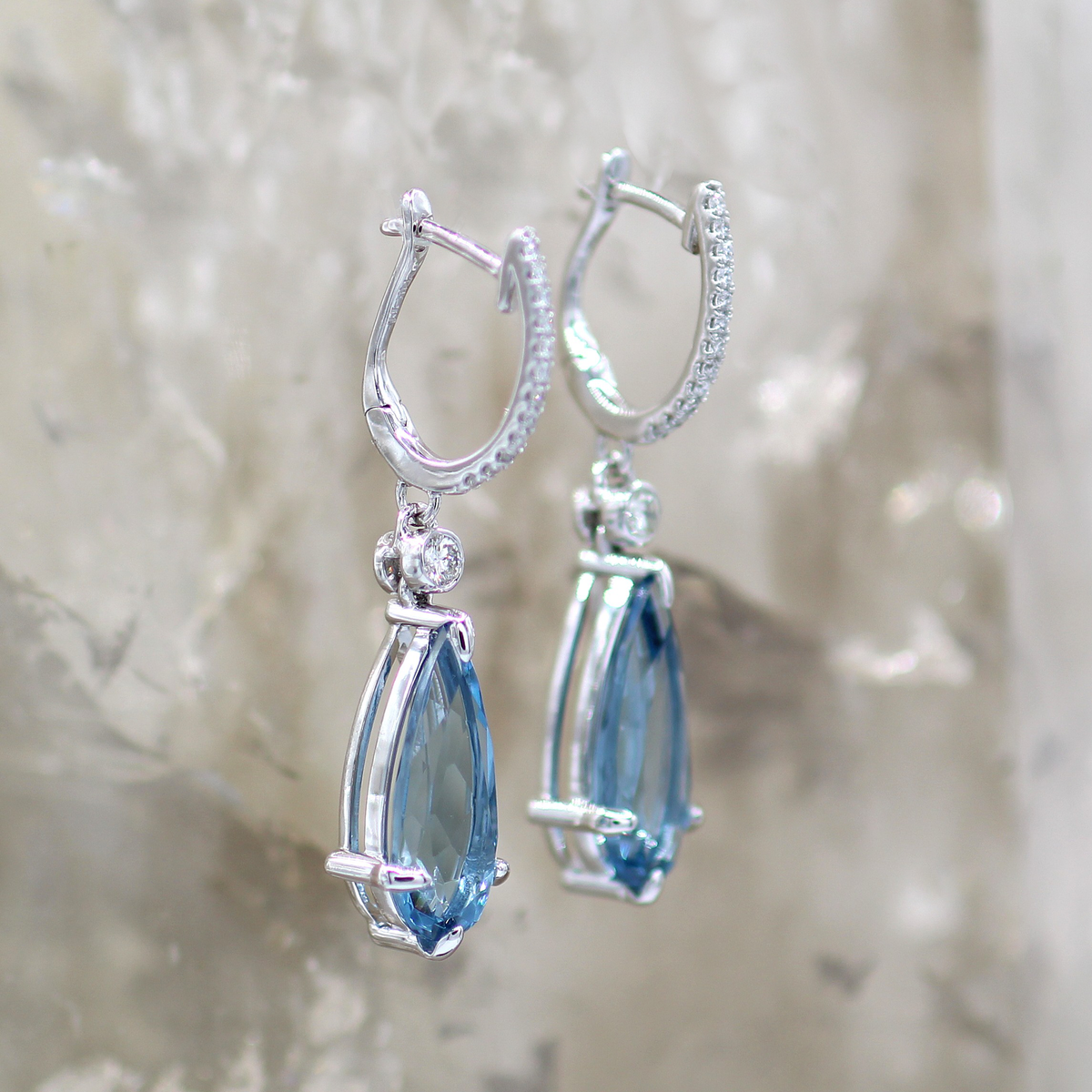 14K White Gold Santa Maria Aquamarine and Diamond Pear Shape Drop Style Lever Back Earrings