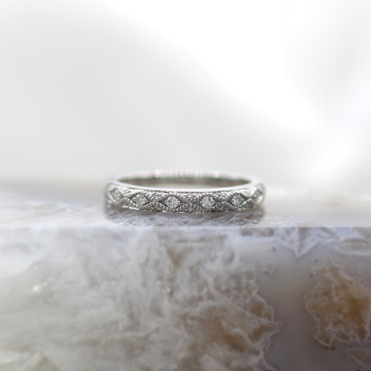 14K White Gold Vintage Inspired Mil Grain Accented Diamond Wedding Band
