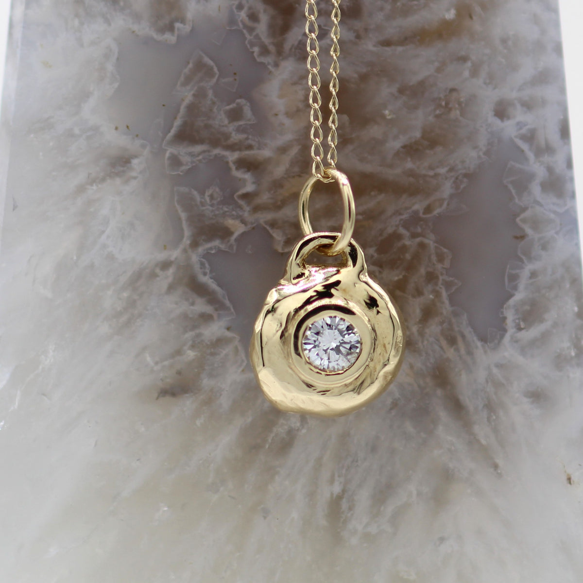 14K Yellow Gold Rough Hammer Texture Bezel Set Diamond Pendant
