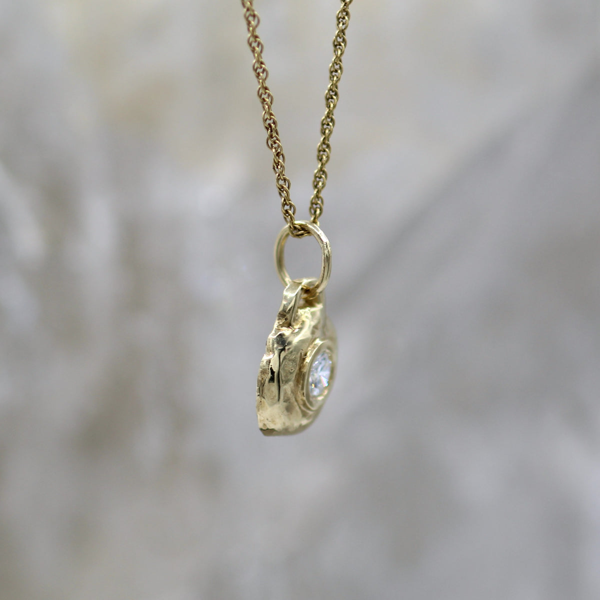14K Yellow Gold Rough Hammer Texture Bezel Set Diamond Pendant
